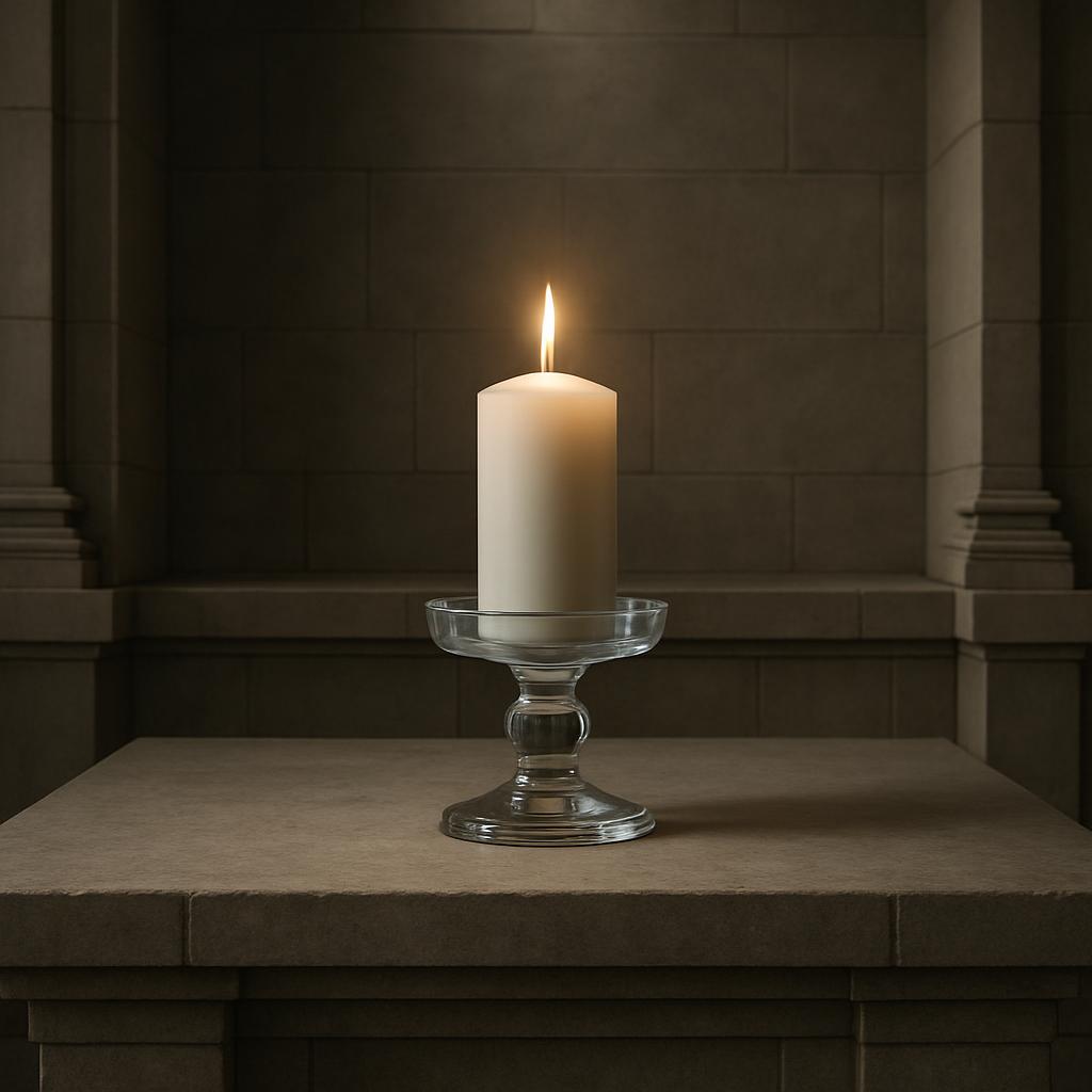 A lit candle in a glass holder on a stone table in front of a stone wall.