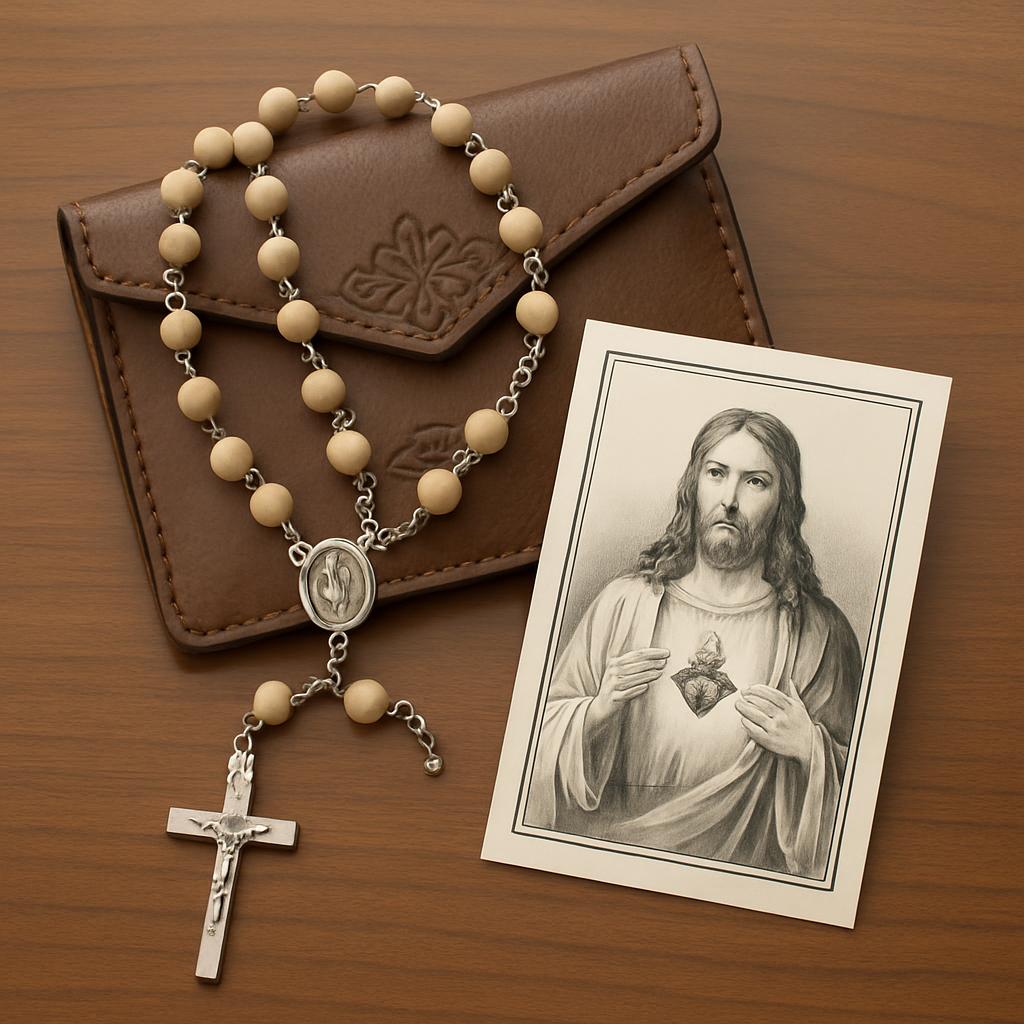 A light-brown leather pouch with a floral design and a rosary necklace with a crucifix and a praying woman center bead. A ...