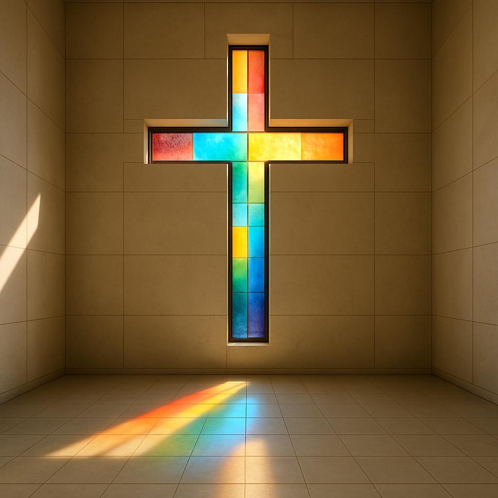 A cross made of multi-colored stained glass, backlit by sunlight, casts a vibrant rainbow on the beige tile floor and wall.
