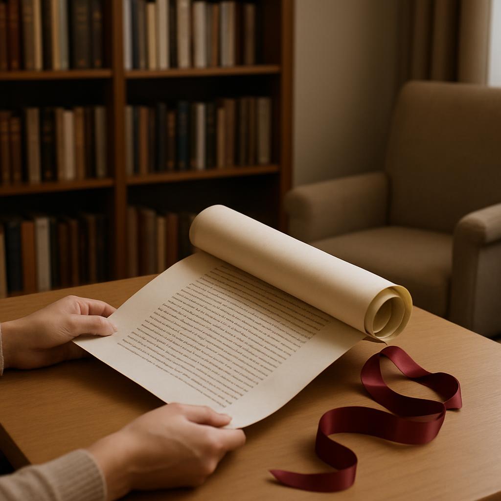 A person is holding a rolled-up, cream-colored paper with lines of text, placing it on a wooden desk. A placeholder ribbon...