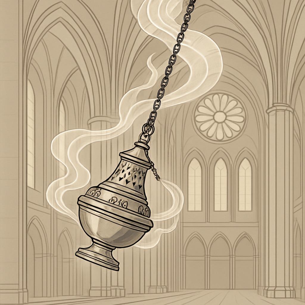 Illustration of an ornate censer suspended from a chain with smoke billowing up, set against the backdrop of a picture-sty...