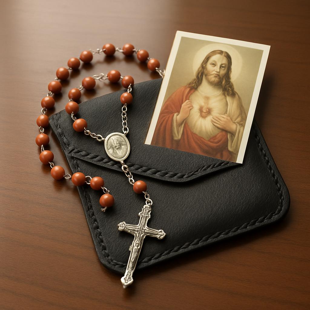 a rosary, a piece of black leather, and a small image of Jesus Christ.