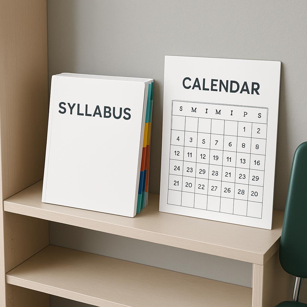 a wooden shelf holding a white calendar and a white book with the word "SYLLABUS" on top.
